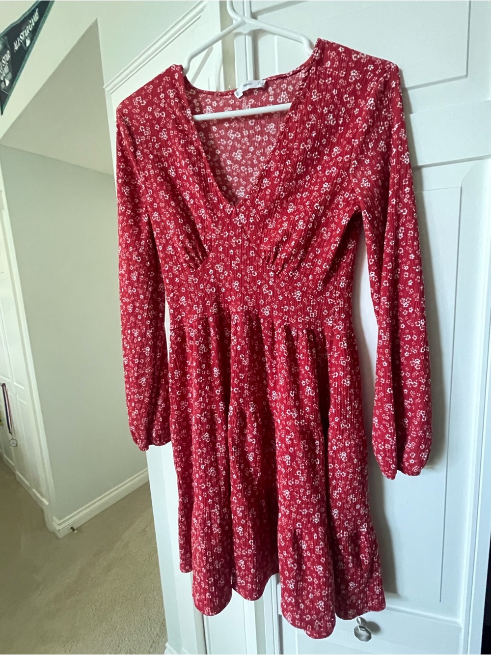 Mango Red Floral Long-Sleeve V‑Neck Fit & Flare Dress